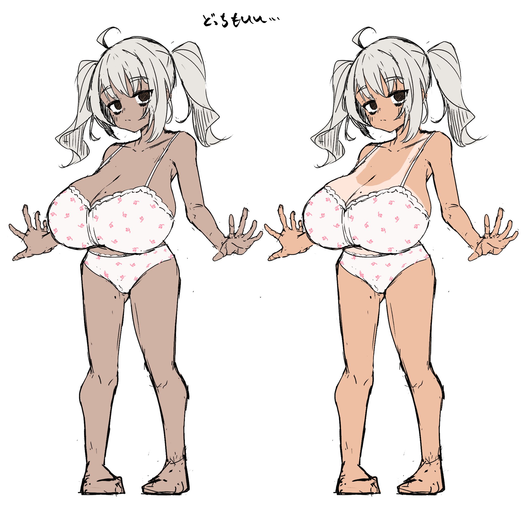 fon (96nokimihito), original, commentary request, highres, 1girl, :/, ahoge, bare arms, bare shoulders, barefoot, black eyes, bra, breasts, cleavage, collarbone, dark-skinned female, dark skin, floral print bra, floral print panties, full body, grey hair, huge breasts, multiple views, one-piece tan, open hands, oppai loli, panties, pigeon-toed, shortstack, simple background, standing, tan, tanline, twintails, underwear, underwear only, variations, white background, white bra, white panties