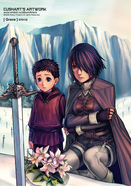 krenz, original, 1boy, 1girl, graveyard, planted, planted sword, red eyes, short hair, sword, thighhighs, weapon