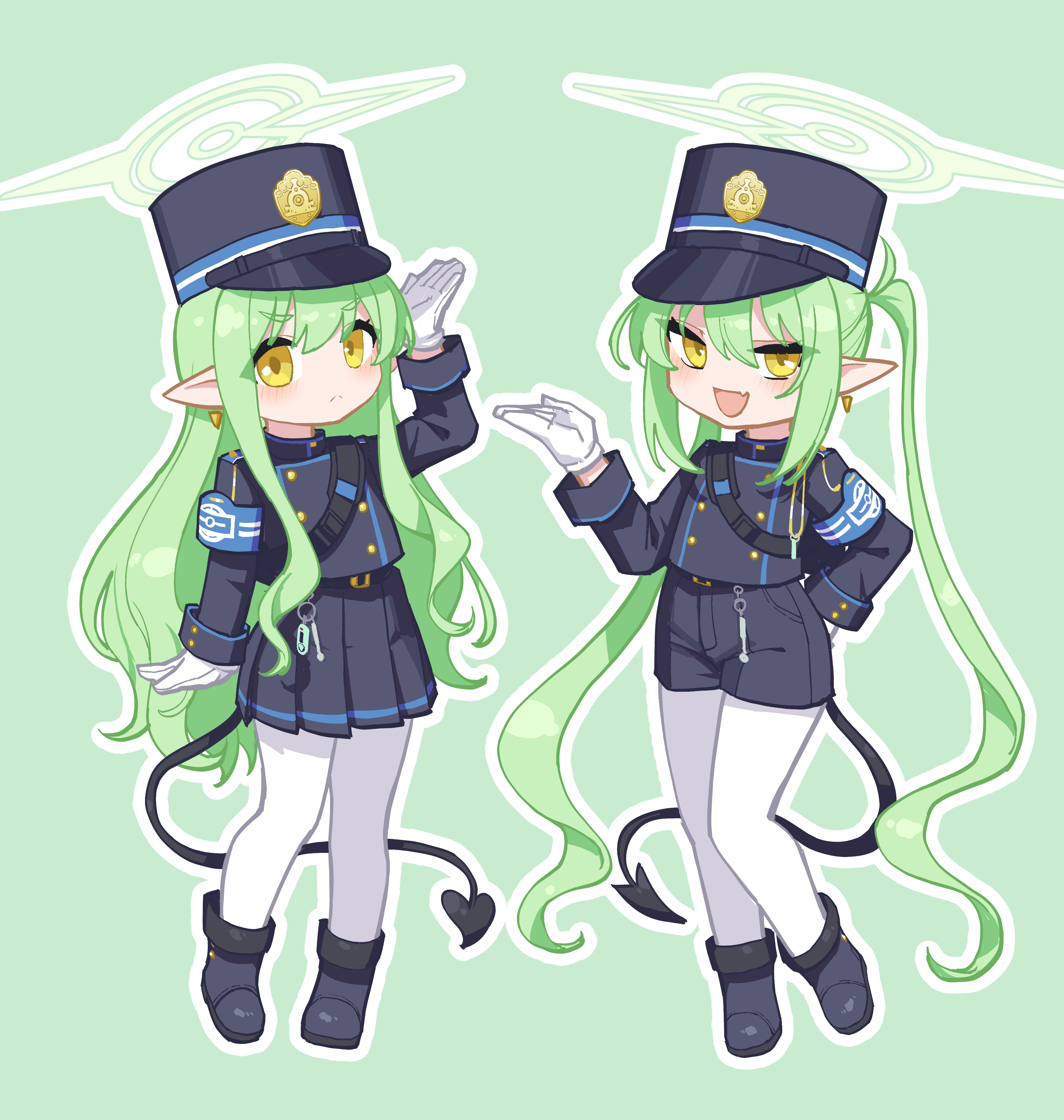 stank, hikari (blue archive), nozomi (blue archive), blue archive, absurdres, highres, 2girls, armband, black boots, black hat, black jacket, black shorts, black skirt, blue armband, boots, buttons, closed mouth, demon tail, double-breasted, earrings, gloves, green background, green hair, green halo, halo, hand up, hat, jacket, jewelry, long hair, miniskirt, multiple girls, open mouth, pantyhose, pleated skirt, pointy ears, shorts, simple background, skirt, tail, twintails, very long hair, white gloves, white pantyhose, yellow eyes