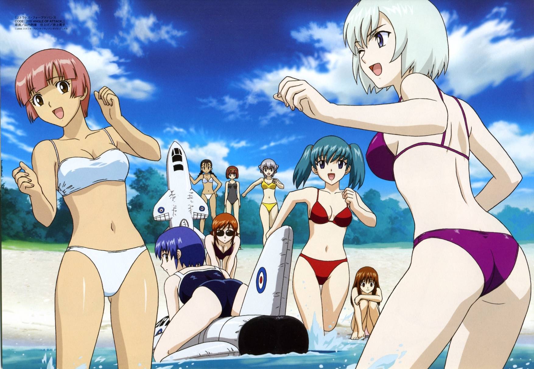 yamauchi noriyasu, aoki kiriko, betty boozeman, chris calman, doi shizuha, honjo mikaze, kikuhara karin, nakamura ayamo, ninomiya mana, tachibana mirei, tsr-2, stratos 4, highres, non-web source, official art, scan, scan artifacts, 00s, 6+girls, ass, attack aircraft, beach, bent over, bikini, breasts, cleavage, day, large breasts, medium breasts, multiple girls, outdoors, penetrator (aircraft), prototype design, reconnaissance aircraft, small breasts, space shuttle, spacecraft, swimsuit, wide hips