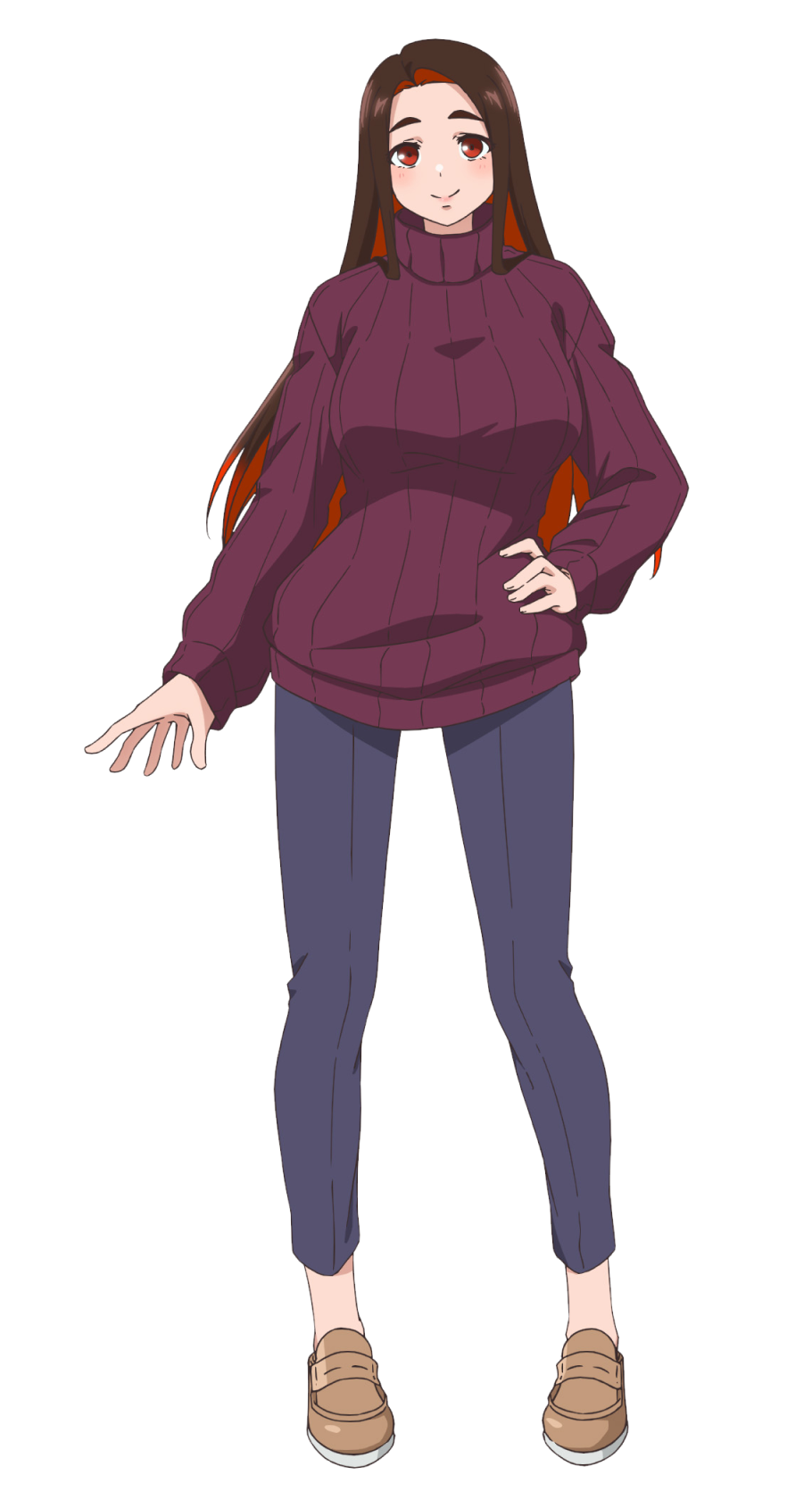 hongou miyuki, sawaranaide kotesashi-kun, highres, official art, 1girl, anime coloring, blue pants, blush, breasts, brown hair, brown shoes, closed mouth, colored inner hair, full body, hand on own hip, large breasts, loafers, long hair, looking at viewer, multicolored hair, open hand, outstretched arm, pants, parted bangs, red eyes, red hair, red sweater, shoes, sidelocks, simple background, smile, solo, standing, sweater, tachi-e, tareme, thick eyebrows, transparent background, tsukamoto ryusuke, turtleneck, turtleneck sweater, two-tone hair, very long hair