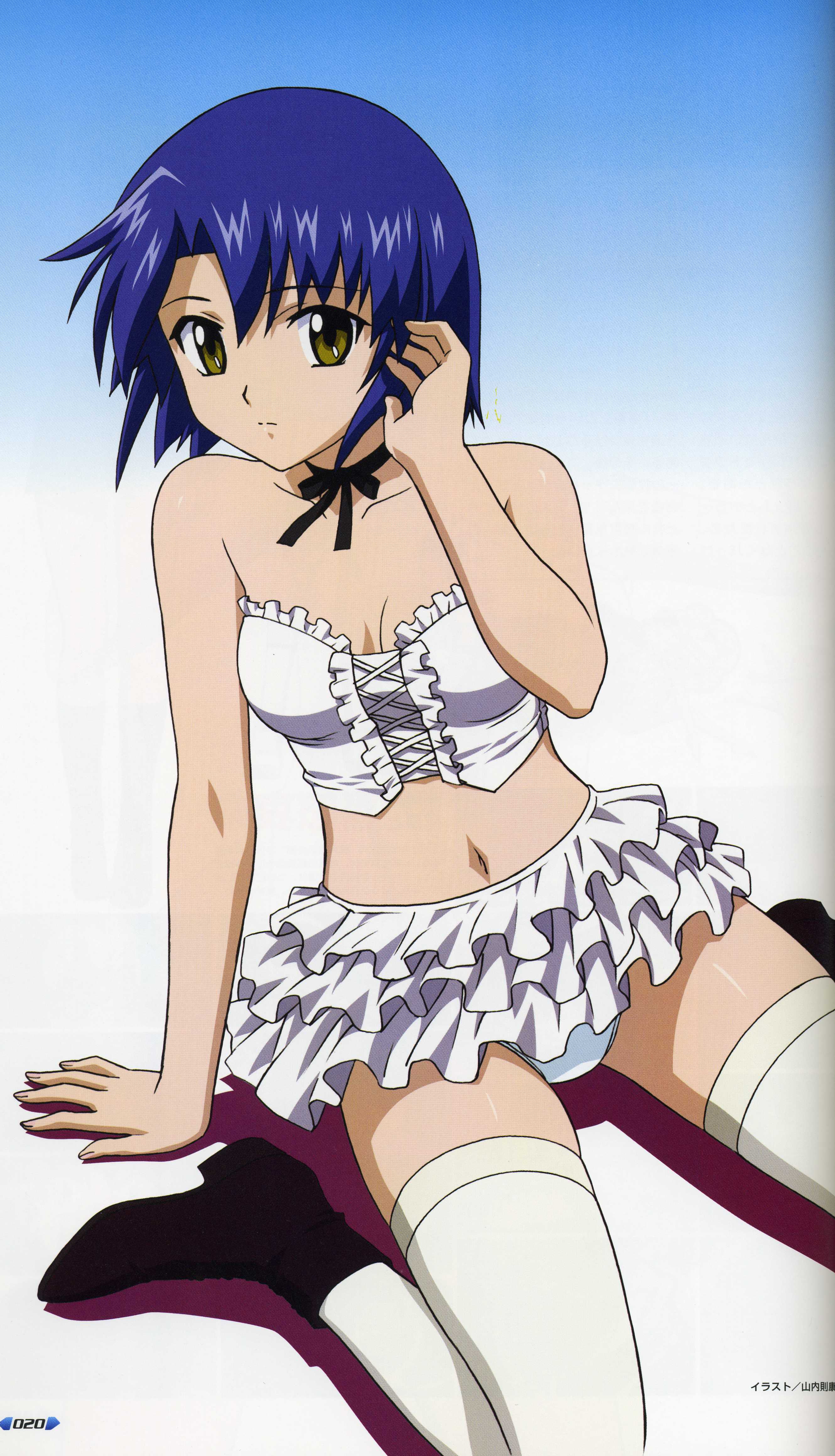 yamauchi noriyasu, kikuhara karin, stratos 4, absurdres, highres, jpeg artifacts, non-web source, scan, 00s, 1girl, blue hair, boots, breasts, choker, cleavage, female focus, frilled skirt, frills, panties, pantyshot, ribbon, short hair, sitting, skirt, solo, spread legs, thighhighs, underwear, white panties, white skirt, yellow eyes