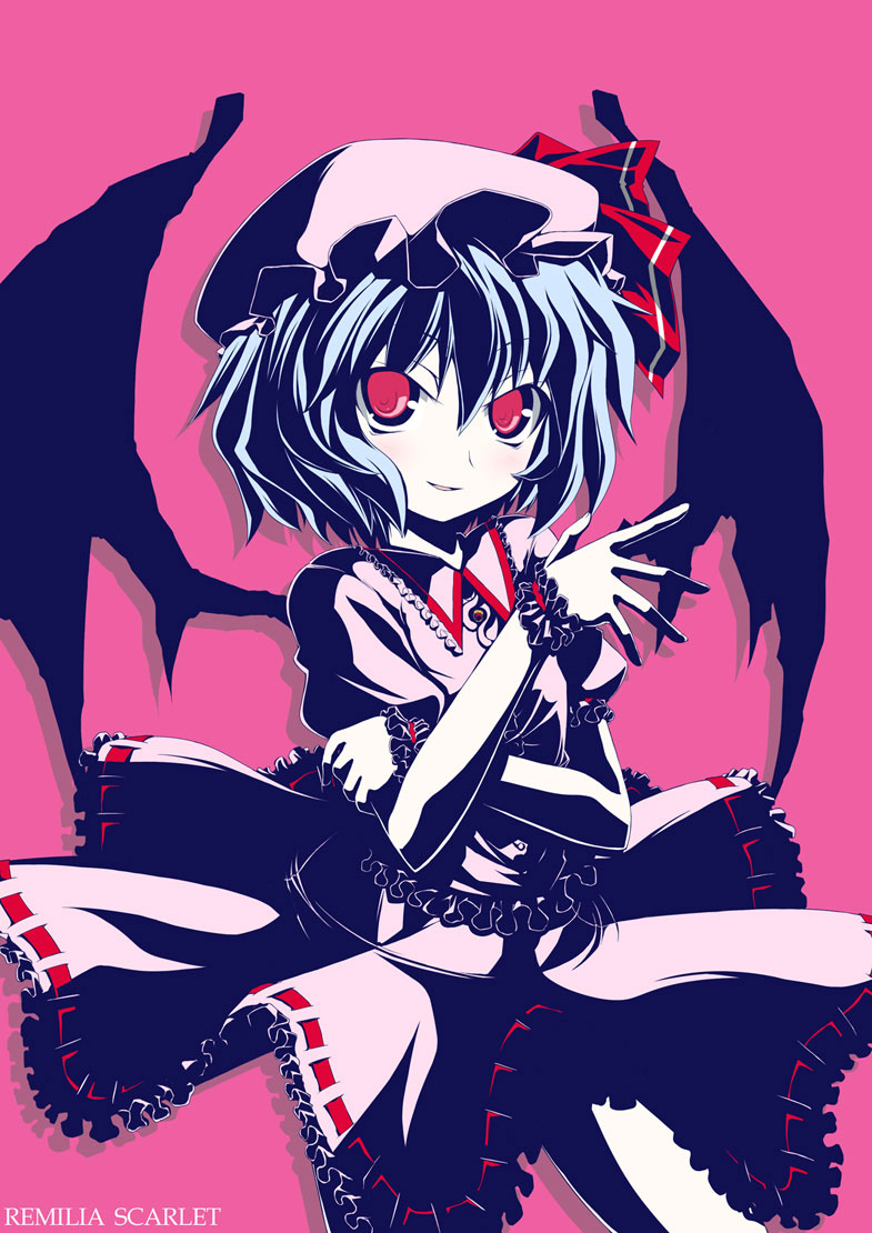 crazy developers, remilia scarlet, touhou, 1girl, female focus, hat, high contrast, pink hat, simple background, solo, wings
