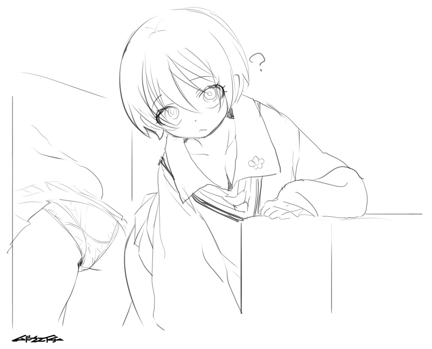 mudou eichi, amate yuzuriha, gundam, gundam gquuuuuux, 1girl, ?, bent over, box, greyscale, leaning on object, long sleeves, looking at viewer, mirror, monochrome, panties, pantyshot, school uniform, serafuku, short hair, sketch, underwear