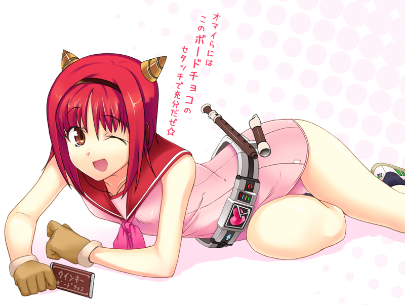 gin (ginshari), takeguchi nonomi, meiji (brand), original, 1girl, belt, brand name imitation, candy, chocolate, chocolate bar, drill, female focus, flute, food, gloves, hairband, instrument, nontraditional school swimsuit, one-piece swimsuit, one eye closed, pink one-piece swimsuit, recorder, red hair, sailor collar, school swimsuit, solo, swimsuit, valentine, wink