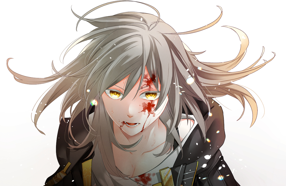 user ysfe5483, stelle (honkai: star rail), trailblazer (honkai: star rail), honkai: star rail, honkai (series), commentary request, 1girl, ahoge, black jacket, blood, blood from mouth, blood on face, collarbone, floating hair, grey hair, hair between eyes, injury, jacket, lapels, long hair, looking at viewer, open clothes, open jacket, open mouth, shirt, sidelocks, simple background, solo, t-shirt, teeth, upper body, v-shaped eyebrows, white background, white shirt, yellow eyes