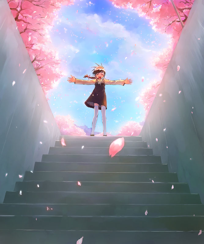 ikeda jun (mizutamari), original, 1girl, black dress, blue sky, braid, cherry blossoms, cloud, day, dress, female focus, floating hair, from below, hair ribbon, happy, long hair, long sleeves, okaeri nasai, outdoors, outstretched arms, petals, pinafore dress, red ribbon, ribbon, single braid, sky, sleeveless, sleeveless dress, solo, spring (season), stairs, standing, sunlight, thighhighs, tree, white thighhighs, wind