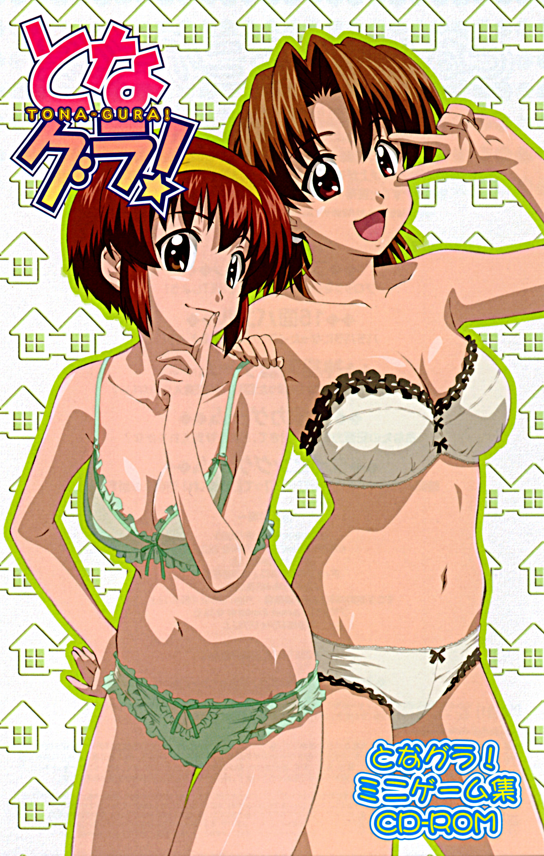 arisaka kazuki, suzuhara chihaya, tona-gura!, absurdres, highres, non-web source, 2girls, bra, breasts, brown eyes, brown hair, green panties, hairband, headband, large breasts, lingerie, medium breasts, multiple girls, panties, standing, underwear, underwear only, white panties