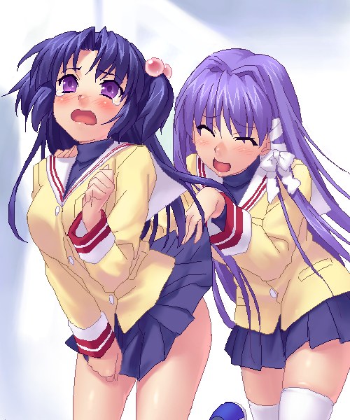 zen, fujibayashi kyou, ichinose kotomi, clannad, 00s, 2girls, :d, ^ ^, blue hair, closed eyes, clothes lift, hair bobbles, hair intakes, hair ornament, long hair, multiple girls, no panties, open mouth, school uniform, serafuku, skirt, skirt lift, smile, thighhighs, two side up, wavy mouth