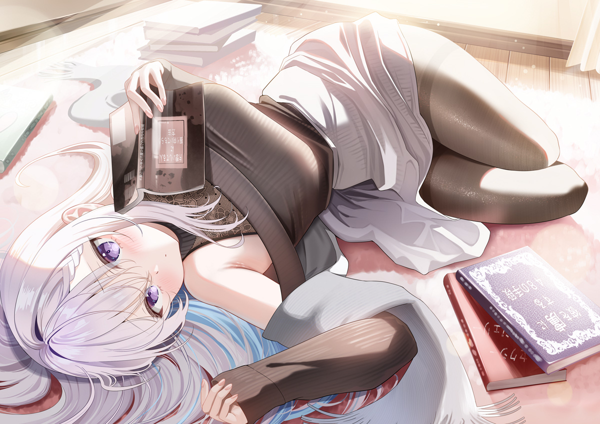 piyopoyo, original, bad source, commentary request, 1girl, bare shoulders, black pantyhose, black sweater, blue hair, blush, book, braid, breasts, carpet, closed mouth, colored inner hair, grey hair, hair between eyes, hair spread out, holding, holding book, large breasts, long hair, long sleeves, looking at viewer, lying, multicolored hair, on back, pantyhose, purple eyes, scarf, single braid, skirt, sleeves past wrists, solo, sweater, thighband pantyhose, very long hair