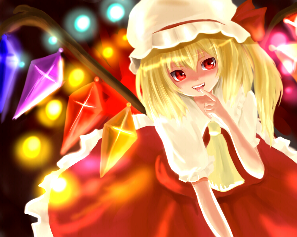 tetsuo (tashirosu), flandre scarlet, touhou, bad id, bad pixiv id, 1girl, :d, blonde hair, collar, crystal, demon wings, dress, evil smile, female focus, finger to mouth, fire, frills, hat, index finger raised, looking at viewer, mob cap, open mouth, puffy short sleeves, puffy sleeves, red dress, red eyes, shaded face, short sleeves, shushing, smile, solo, teeth, tongue, vampire, wings