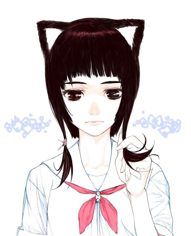es (cah60700), original, 1girl, animal ears, cat ears, female focus, school uniform, serafuku, simple background, solo, straight-on, upper body, white background