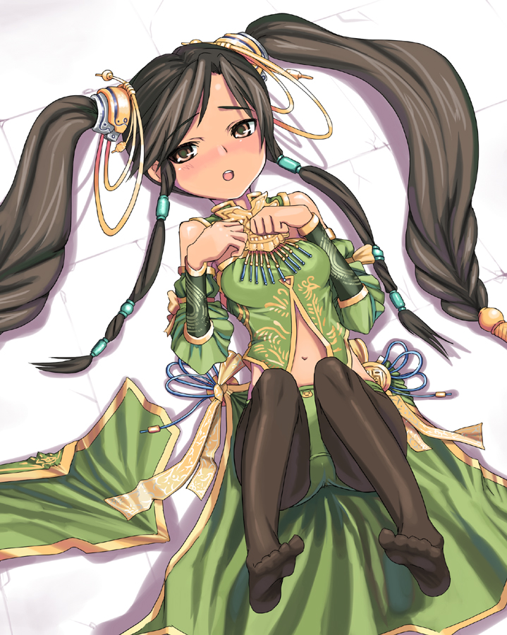 sessue, kan ginpei, sangokushi taisen, bad id, bad pixiv id, 1girl, blush, braid, brown eyes, brown hair, feet, female focus, midriff, navel, pantyhose, solo, twin braids, twintails