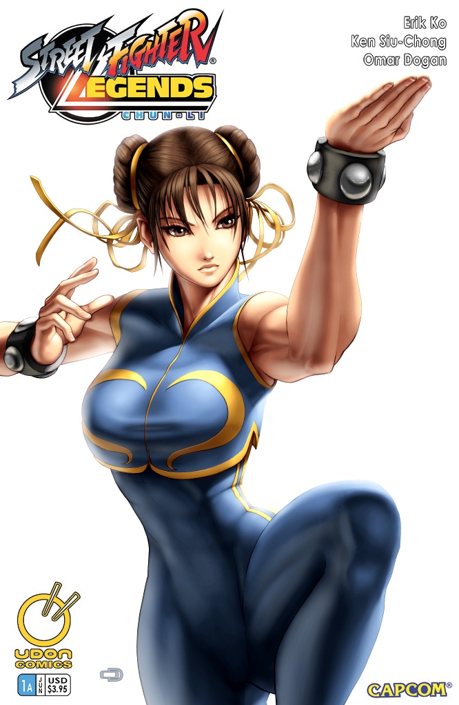omar dogan, udon entertainment, chun-li, capcom, street fighter, looking away, striped, official art, 1girl, abs, arm up, bracelet, brown eyes, brown hair, cover, cover page, crop top, double bun, double vertical stripe, female focus, food, foreshortening, hair between eyes, hair bun, hair ribbon, jewelry, leg lift, leotard, lips, muscular, narrow waist, noodles, ribbon, shirt, simple background, skin tight, sleeveless, solo, spread legs, standing, standing on one leg, taut clothes, taut shirt, thick thighs, thighs, turtleneck, udon, unitard, white background, wide hips