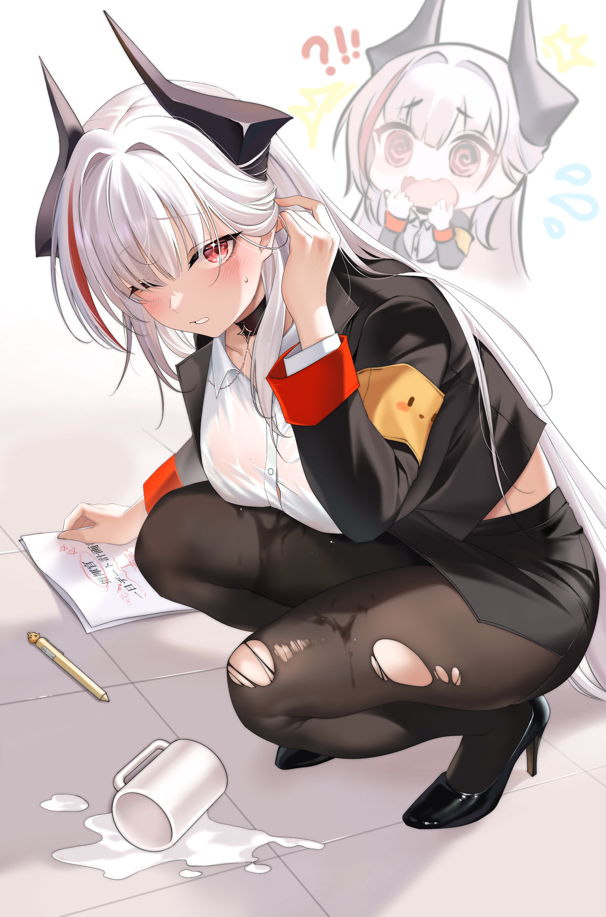 oxygen mask (oxygenmask233), admiral zenker (azur lane), admiral zenker (fun with…interrogations?) (azur lane), manjuu (azur lane), azur lane, absurdres, commentary request, highres, !?, 1girl, armband, black horns, black jacket, black pantyhose, blush, breasts, buttons, collarbone, collared shirt, cup, flying sweatdrops, hair intakes, hand in own hair, hand up, high heels, horns, jacket, large breasts, legs, long hair, long sleeves, looking at viewer, mug, multicolored hair, official alternate costume, one eye closed, pantyhose, paper, parted lips, pen, pencil skirt, red eyes, red streaks, shirt, sidelocks, simple background, skirt, solo, spill, squatting, streaked hair, sweat, thighs, tile floor, tiles, torn clothes, torn pantyhose, very long hair, wet, wet clothes, white background, white hair, yellow armband