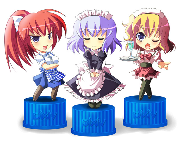 maki (seventh heaven maxion), original, bad id, bad pixiv id, 3girls, apron, blouse, bronze parrot, chibi, cup, drinking glass, gingham apron, high ponytail, kobeya uniform, maid, maid apron, multiple girls, own hands together, pantyhose, pixiv bottlecap, plaid apron, plaid clothes, ponytail, shirt, waitress, wavy hair, white background, white shirt