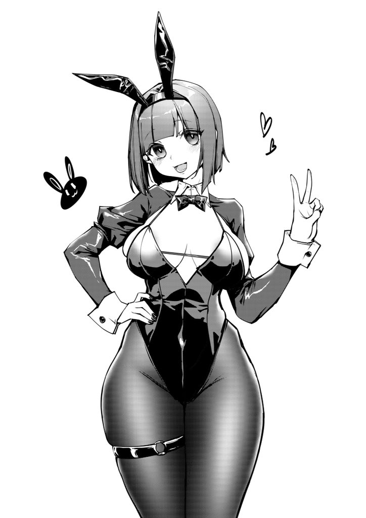 stank, original, 1girl, animal ears, black bow, black bowtie, black leotard, black pantyhose, blush, bow, bowtie, breasts, cleavage, collar, covered navel, hand on own hip, hand up, heart, large breasts, leotard, long sleeves, monochrome, open mouth, pantyhose, playboy bunny, rabbit ears, short hair, smile, thigh strap, v, white collar, white wrist cuffs, wrist cuffs