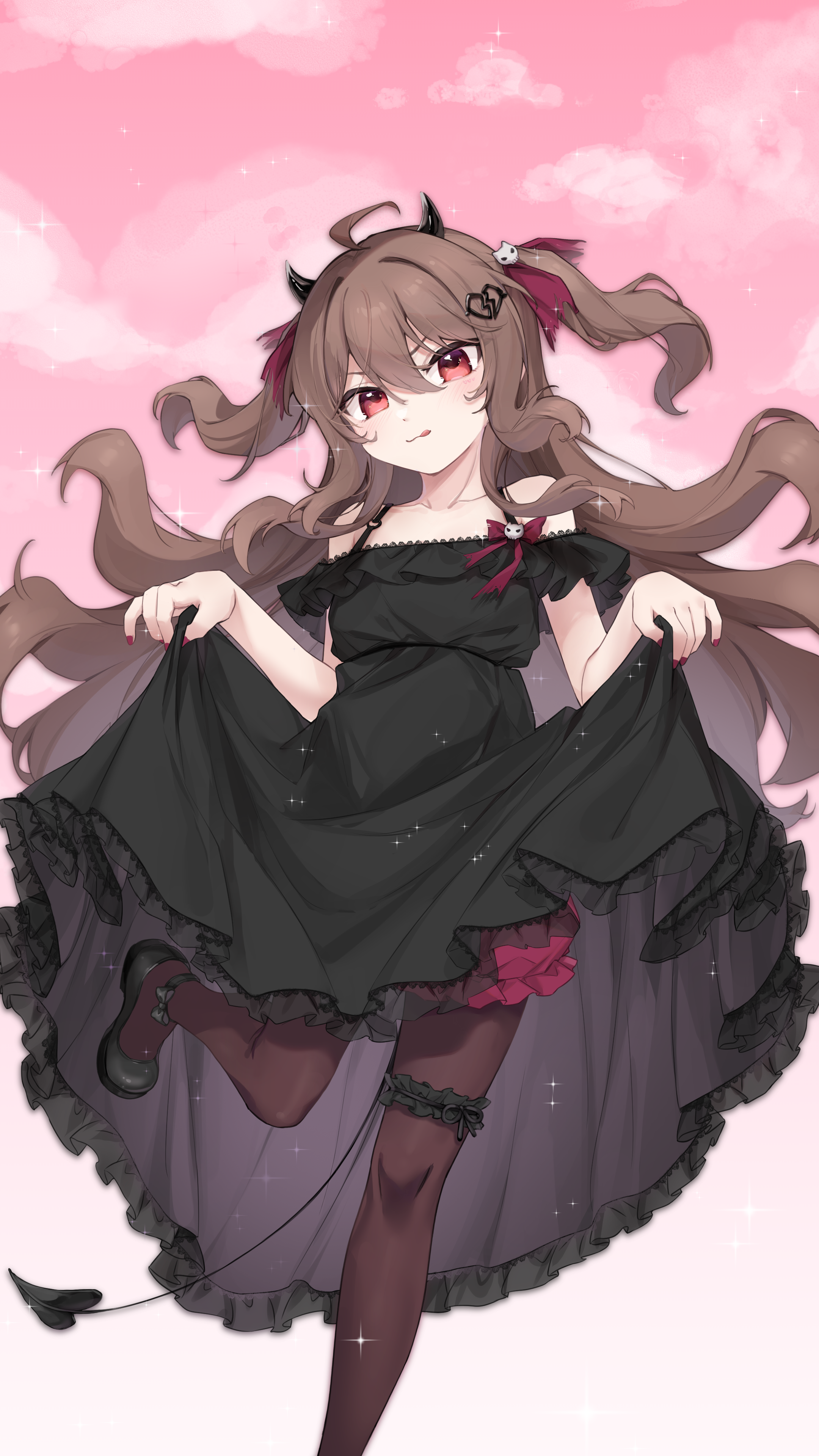 tanoki233, evil neuro-sama, neuro-sama, absurdres, chinese commentary, commentary request, highres, variant set, 1girl, :d, ahoge, alternate costume, black dress, black ribbon, black shoes, blush, bow, broken heart, broken heart hair ornament, brown hair, brown pantyhose, clothes lift, cloud, demon horns, demon tail, dress, foot out of frame, frilled dress, frilled thigh strap, frills, hair between eyes, hair ornament, hairclip, heart, horns, kneehighs, lace, lace-trimmed dress, lace-trimmed thighhighs, lace trim, leg ribbon, long hair, open mouth, pantyhose, pink background, red bow, red eyes, red nails, red ribbon, ribbon, shoes, skirt, skirt lift, skull hair ornament, smile, socks, solo, spaghetti strap, sparkle, standing, standing on one leg, tail, thigh strap, thighhighs, torn hair ribbon, torn ribbon, two side up, vedal ai, virtual youtuber