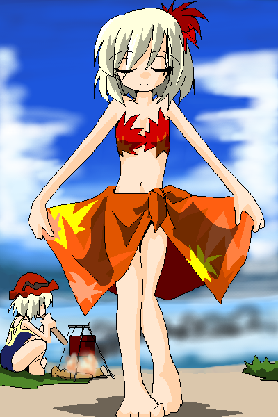 aki minoriko, aki shizuha, touhou, 2girls, barefoot, bikini, blonde hair, closed eyes, cloud, day, female focus, fire, hair ornament, leaf, leaf hair ornament, leaf on head, multiple girls, oekaki, short hair, siblings, sisters, swimsuit