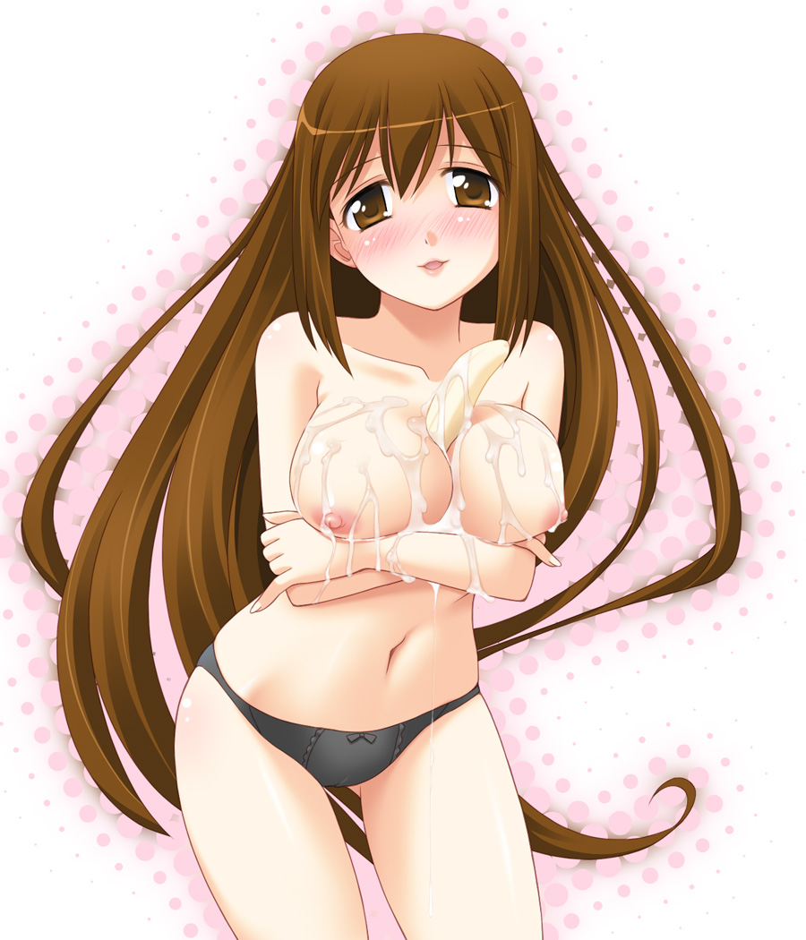 enomoto hiroaki, original, 1girl, banana, between breasts, blush, breasts, brown eyes, brown hair, female focus, food, fruit, long hair, nipples, panties, sexually suggestive, solo, topless female, underwear