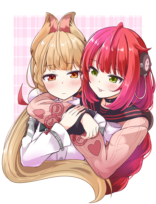 ichimi, alice thymefield, ukinami yuzuha, zenless zone zero, 2girls, ahoge, animal ears, black choker, black sailor collar, blush, braid, cardigan, choker, closed mouth, hair flaps, heterochromia, hug, hug from behind, long hair, looking at viewer, low twintails, multiple girls, pink cardigan, rabbit ears, rabbit girl, red eyes, red hair, sailor collar, shirt, smile, tongue, tongue out, twin braids, twintails, very long hair, white shirt, yellow eyes
