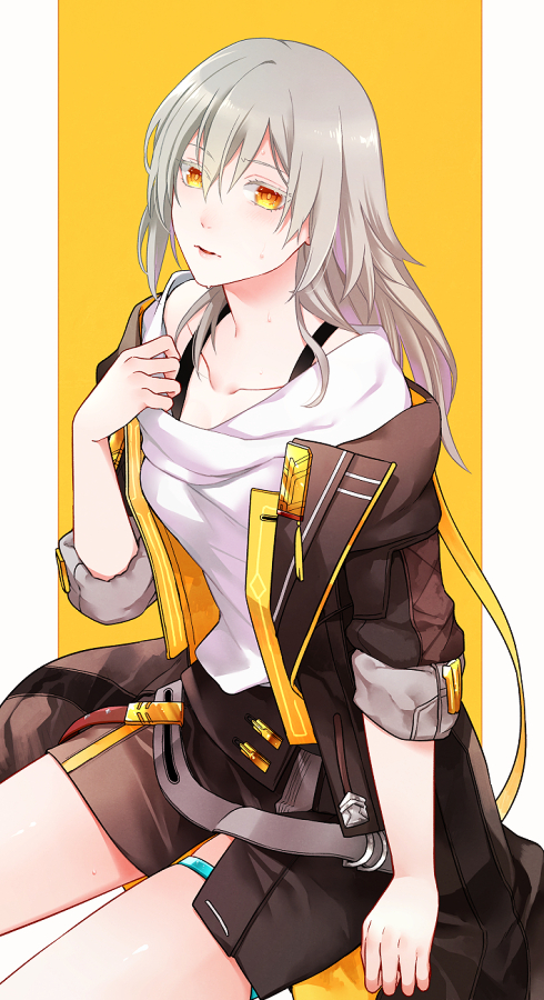 user ysfe5483, stelle (honkai: star rail), trailblazer (honkai: star rail), honkai: star rail, honkai (series), commentary request, 1girl, belt, black jacket, black skirt, border, breasts, collarbone, grey belt, grey hair, hair between eyes, hand up, jacket, long hair, long sleeves, looking at viewer, medium breasts, miniskirt, open clothes, open jacket, open mouth, outside border, shirt, sidelocks, simple background, sitting, skirt, solo, sweat, t-shirt, thigh strap, two-sided fabric, two-sided jacket, white border, white shirt, yellow background, yellow eyes, yellow jacket