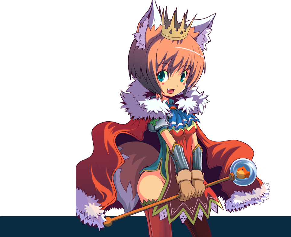 ryuno, original, animal ears, blue eyes, crown, fox ears, fox tail, hat, red hair, solo, tail