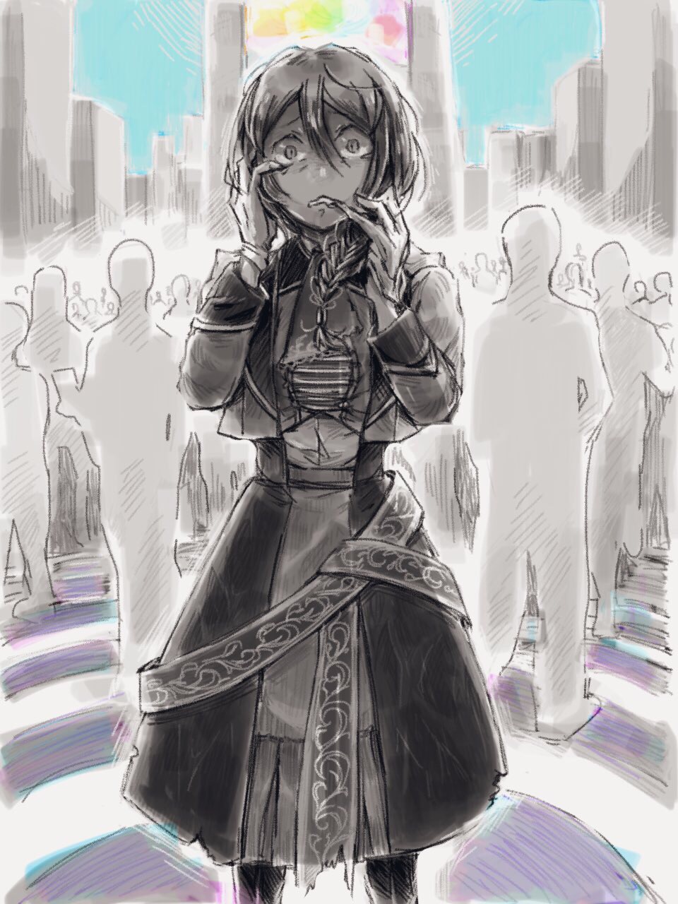 tsundoku, es (alter ego), highres, 1girl, biting, biting glove, black eyes, black hair, braid, braided ponytail, city, collared jacket, collared shirt, constricted pupils, crowd, crying, gloves, grey eyes, hair between eyes, hands on own face, hands on own head, jacket, monochrome, pencil skirt, scared, shirt, skirt, solo, solo focus, tears, torn clothes, undershirt, unworn gloves, wavy mouth, white gloves, wide-eyed, zumdocu