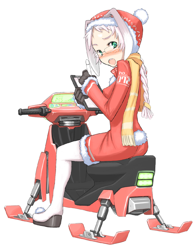 sessue, original, bad id, bad pixiv id, 1girl, blush, christmas, clipboard, female focus, glasses, green eyes, hat, orange scarf, pantyhose, pom pom (clothes), santa costume, santa hat, scarf, solo, striped clothes, striped scarf