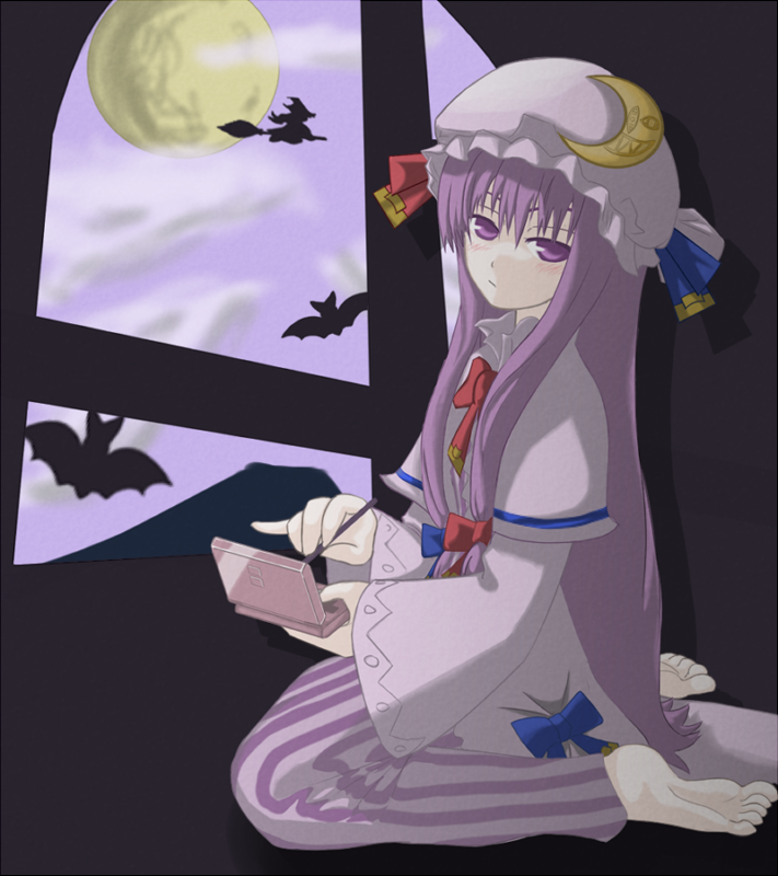 tori rui, kirisame marisa, patchouli knowledge, touhou, bad id, bad pixiv id, 2girls, female focus, handheld game console, multiple girls, nintendo ds, playing games, silhouette, solo focus, video game