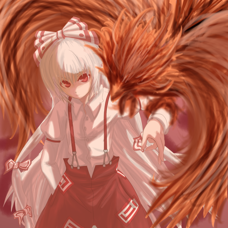 tori rui, fujiwara no mokou, touhou, silver hair, 1girl, bird, bow, female focus, hair bow, long hair, multiple hair bows, phoenix, red eyes, solo, suspenders