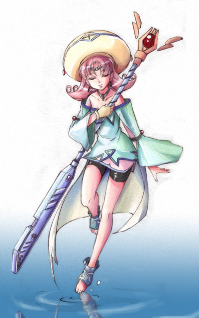 hayakawa harui, original, 1girl, beret, closed eyes, detached sleeves, dress, fantasy, female focus, green dress, hat, long sleeves, pink hair, red hair, rod, short hair, simple background, solo, staff, walking, walking on liquid, water, white background
