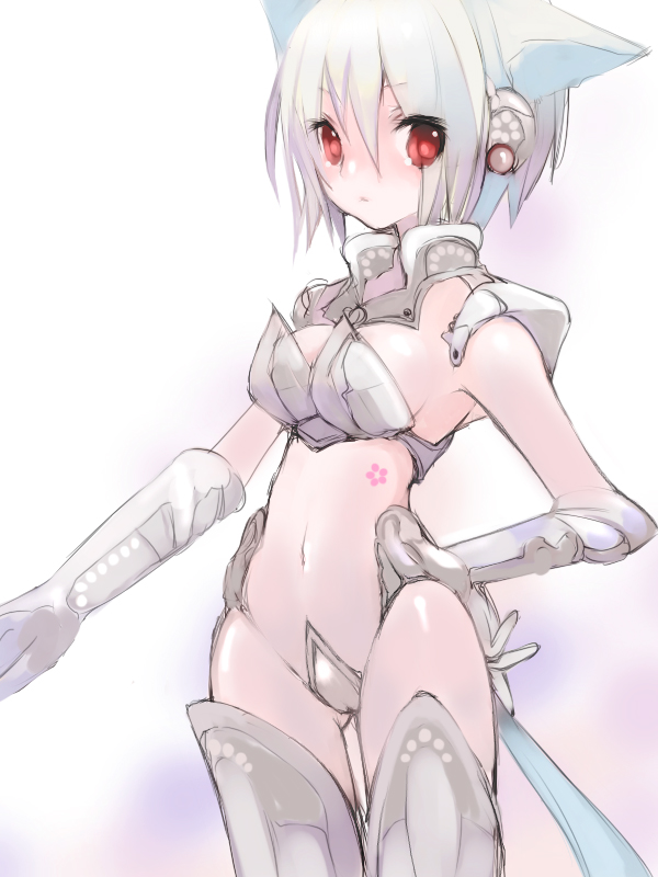 saibashi, original, 1girl, animal ears, armor, armpits, breasts, cat ears, cat tail, earrings, elbow gloves, fantasy, female focus, flower, gloves, hand on own hip, hip focus, jewelry, large breasts, maebari, midriff, red eyes, revealing clothes, short hair, solo, tail, tattoo, thigh gap, thighhighs, thighs, white hair