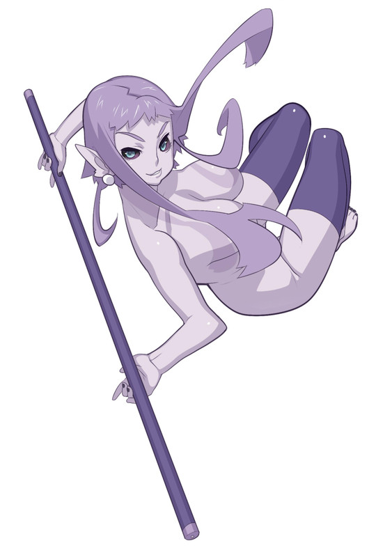tensugi takashi, original, 1girl, female focus, holding, looking at viewer, monochrome, nude, polearm, purple theme, rod, sidelocks, simple background, solo, staff, thighhighs, weapon, white background