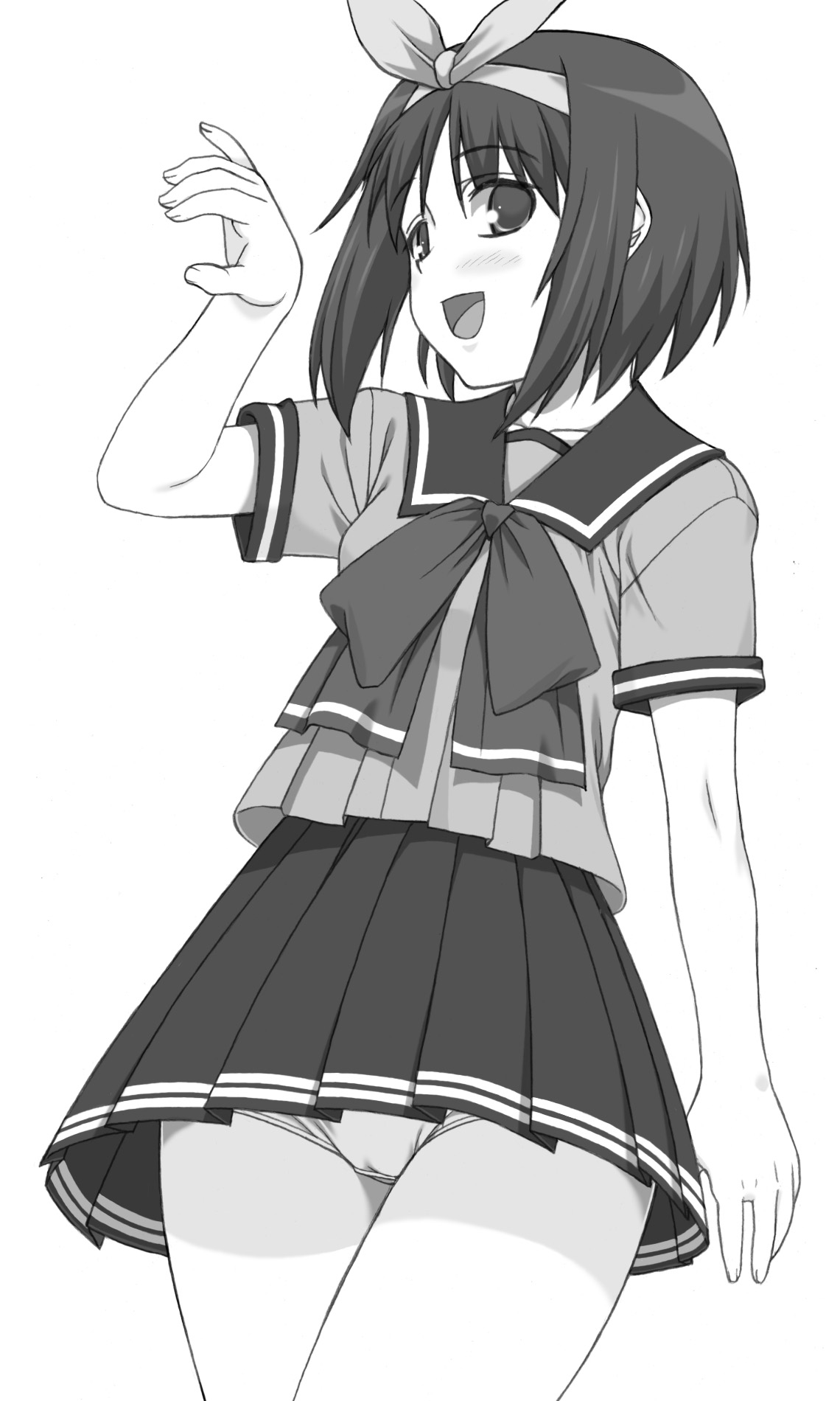 shichimenchou, kamigishi akari, to heart, to heart (series), highres, greyscale, monochrome, ribbon, school uniform, serafuku, short hair, skirt, solo