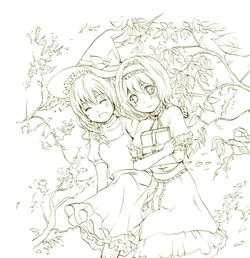 mathnote, alice margatroid, kirisame marisa, touhou, 2girls, female focus, monochrome, multiple girls, yellow theme