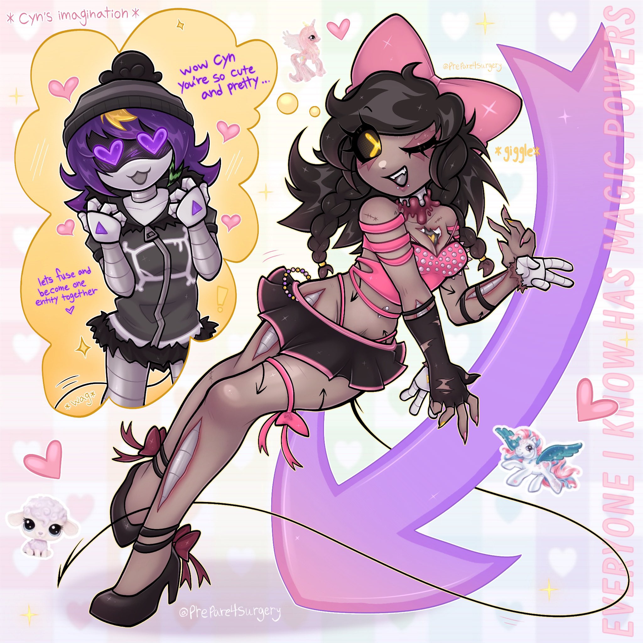 prepare4surgery, cyn (murder drones), uzi (murder drones), murder drones, highres, blood, bow, detached sleeves, hair bow, high heels, miniskirt, multiple hair bows, skirt, thighs, thong, wearing skin