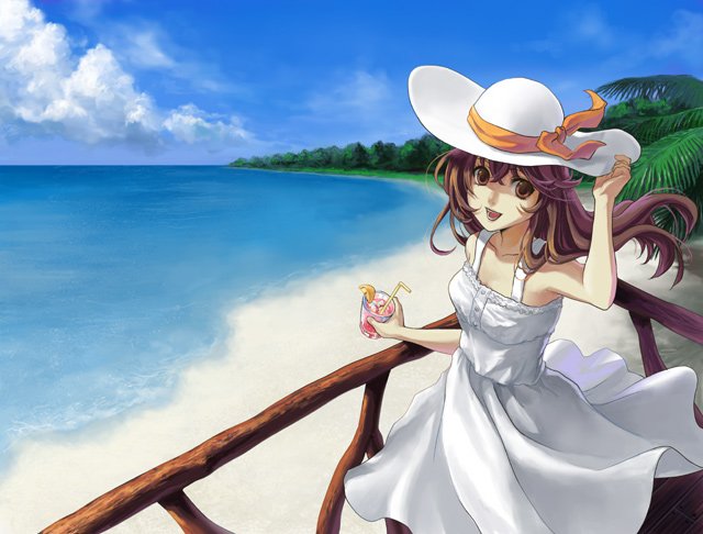 degrees celsius, original, bad id, bad pixiv id, beach, brown eyes, brown hair, day, drink, hat, long hair, solo