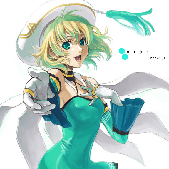 degrees celsius, atoli, atoli (.hack//), .hack//, .hack//g.u., bandai, cyber connect 2, bad id, bad pixiv id, 00s, 1girl, aqua eyes, bare shoulders, blonde hair, cape, choker, elbow gloves, female focus, gloves, green eyes, happy, hat, jewelry, ring, short hair, sleeveless, smile, solo