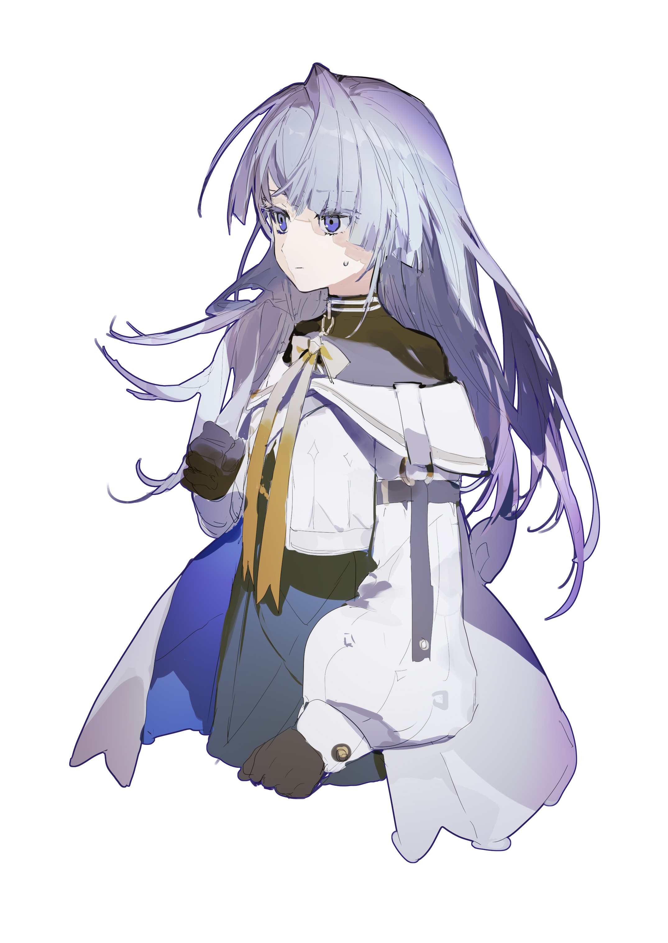 lobelia (saclia), insight (designant) (arcaea), arcaea, absurdres, highres, 1girl, black gloves, black skirt, bow, clenched hands, earrings, gloves, hair between eyes, insight (arcaea), jewelry, long sleeves, off-shoulder jacket, off shoulder, purple eyes, ribbon, shirt, skirt, solo, sweat, upper body, white hair, white shirt, yellow bow, yellow ribbon