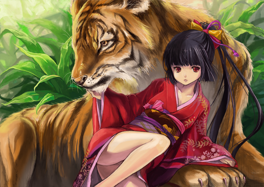 degrees celsius, original, bad id, bad pixiv id, black hair, hair ribbon, japanese clothes, kimono, long hair, ponytail, red eyes, ribbon, solo, tiger