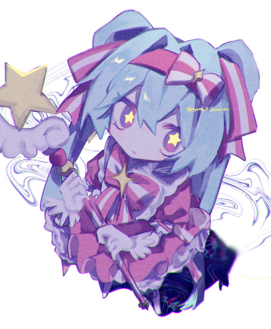 apu (aputto 9), hatsune miku, vocaloid, highres, 1girl, blue hair, dress, gloves, hair ribbon, headband, holding, holding wand, ima sugu rinne (vocaloid), looking up, magical girl, pink dress, ribbon, solo, star-shaped pupils, star (symbol), star wand, symbol-shaped pupils, twintails, wand, watermark, white background, white gloves