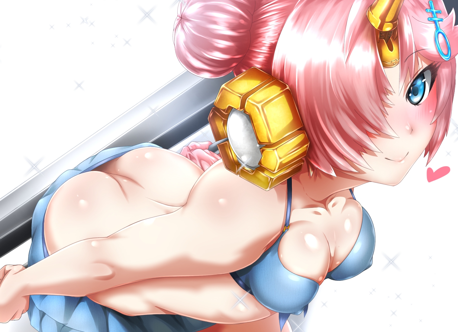 mrtakenoko, frankenstein's monster (fate), frankenstein's monster (swimsuit saber) (fate), frankenstein's monster (swimsuit saber) (second ascension) (fate), fate/grand order, fate (series), 1girl, ass, bad anatomy, bare shoulders, bikini, blue bikini, blue skirt, blush, breasts, closed mouth, collarbone, covered erect nipples, hair bun, hair ornament, hair over one eye, headgear, heart, holding, holding sword, holding weapon, horns, leaning forward, looking at viewer, mechanical horns, official alternate costume, parted bangs, pink hair, short hair, simple background, skirt, small breasts, smile, solo, swimsuit, sword, weapon, white background