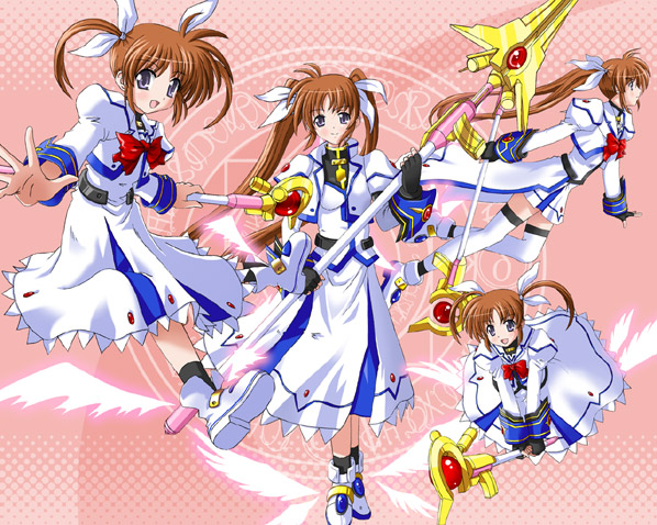 yone, raising heart, raising heart (accel mode), raising heart (device mode), raising heart (exceed mode), takamachi nanoha, takamachi nanoha (aggressor mode), takamachi nanoha (exceed mode), takamachi nanoha (original mode), takamachi nanoha (sacred mode), lyrical nanoha, mahou shoujo lyrical nanoha, mahou shoujo lyrical nanoha strikers, winged footwear, 00s, 1girl, bow, bowtie, dress, fingerless gloves, full body, gloves, hair ribbon, holding, jacket, lance, long sleeves, looking at viewer, magazine (weapon), magic circle, magical girl, miniskirt, multiple persona, open clothes, open jacket, orb, polearm, purple eyes, red bow, red bowtie, red hair, ribbon, rod, shoes, skirt, spear, staff, thighhighs, twintails, waist cape, weapon, white dress, wings