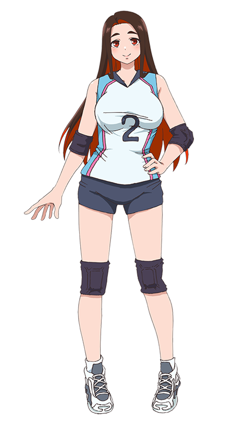 hongou miyuki, sawaranaide kotesashi-kun, official art, 1girl, anime coloring, blush, breasts, brown hair, closed mouth, colored inner hair, elbow pads, full body, hand on own hip, knee pads, large breasts, long hair, looking at viewer, multicolored hair, open hand, outstretched arm, red eyes, red hair, shirt, shoes, short shorts, shorts, simple background, sleeveless, sleeveless shirt, smile, solo, sportswear, standing, tachi-e, tareme, tented shirt, transparent background, tsukamoto ryusuke, two-tone hair, very long hair, volleyball uniform, white shoes