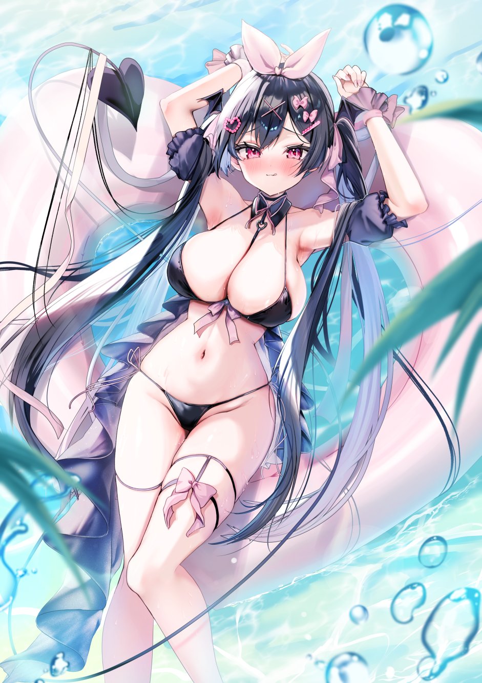 ayuma sayu, original, commentary request, highres, 1girl, :q, armpits, arms up, bare shoulders, bikini, black bikini, black hair, blush, bow, breasts, cleavage, closed mouth, day, demon tail, hair between eyes, large breasts, long hair, looking at viewer, navel, on innertube, outdoors, pink bow, puffy short sleeves, puffy sleeves, red eyes, short sleeves, smile, solo, spade (shape), stomach, swimsuit, tail, tongue, tongue out, very long hair, water