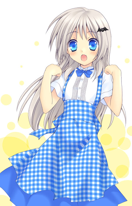 fuyuichi, noumi kudryavka, little busters!, silver hair, 1girl, apron, blouse, blue bow, blue bowtie, blue eyes, bow, bowtie, female focus, gingham apron, kobeya uniform, long hair, open mouth, plaid apron, plaid clothes, shirt, solo, waitress, white shirt
