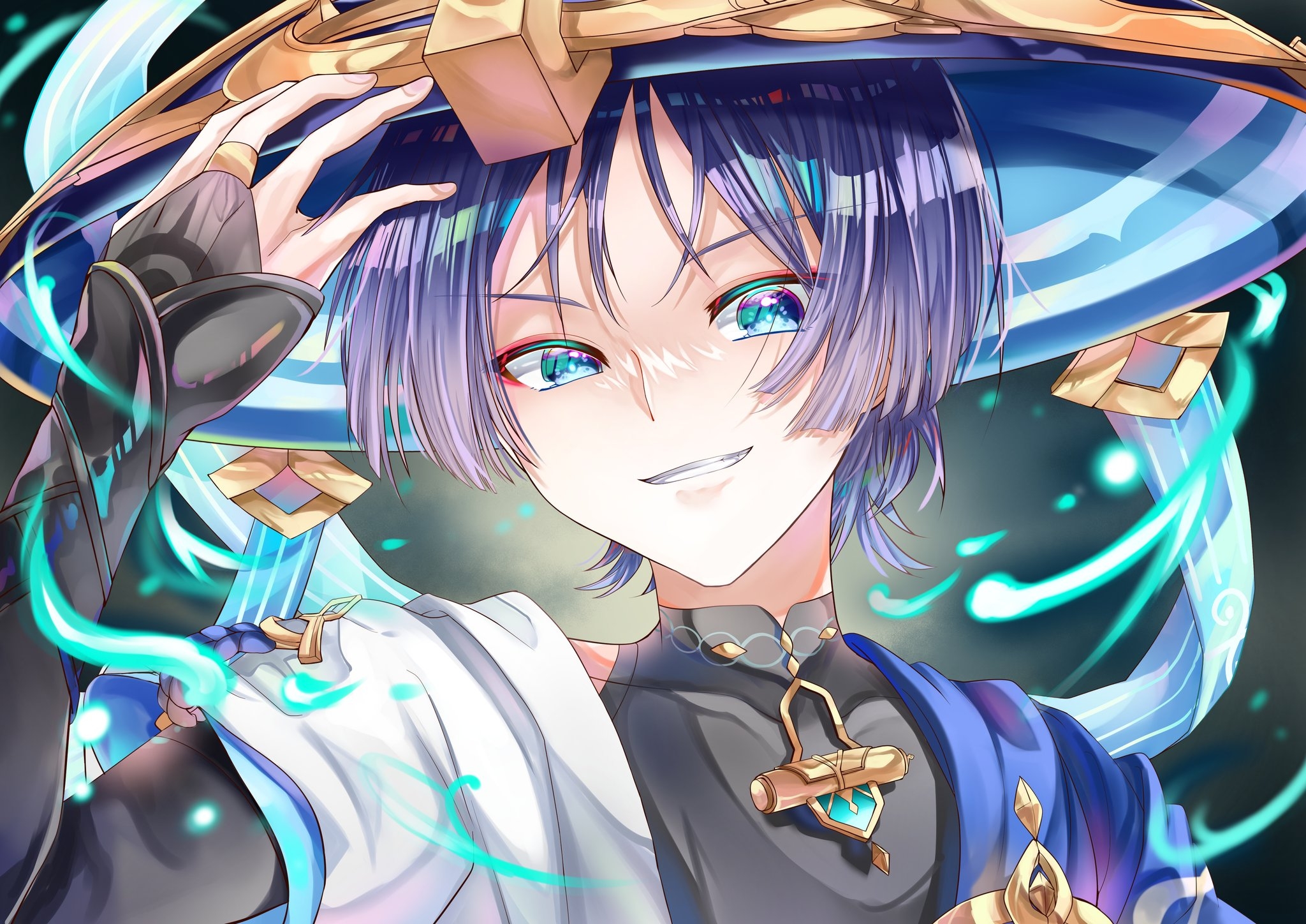 hapaa, scaramouche (genshin impact), wanderer (genshin impact), genshin impact, commentary request, highres, 1boy, black gloves, black shirt, blue eyes, fingerless gloves, gloves, jacket, large hat, looking at viewer, male focus, purple hair, shirt, short hair, solo, upper body, white jacket