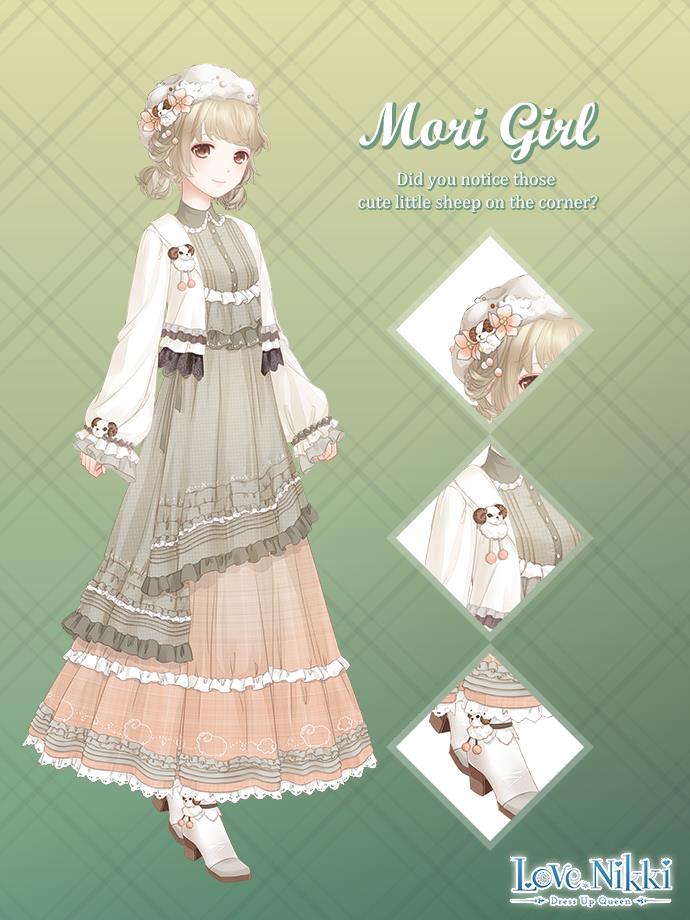 miracle nikki, nikki (series), artist request, official art, 1girl, argyle background, beads, blonde hair, blunt bangs, boots, brooch, brown eyes, character name, cherry blossoms, close-up, closed mouth, collared dress, collared jacket, copyright name, dot nose, dress, english text, flower, frilled boots, frilled dress, frills, full body, fur hat, gradient background, green background, green dress, hair beads, hair flower, hair ornament, happy, hat, high heel boots, high heels, jacket, jewelry, layered dress, logo, long sleeves, looking at viewer, low twintails, mori girl (miracle nikki), mori kei, open clothes, open jacket, orange dress, pink flower, sheep, sheep print, short hair, short twintails, sleeves past wrists, smile, solo, standing, twintails, white boots, white hat, white jacket