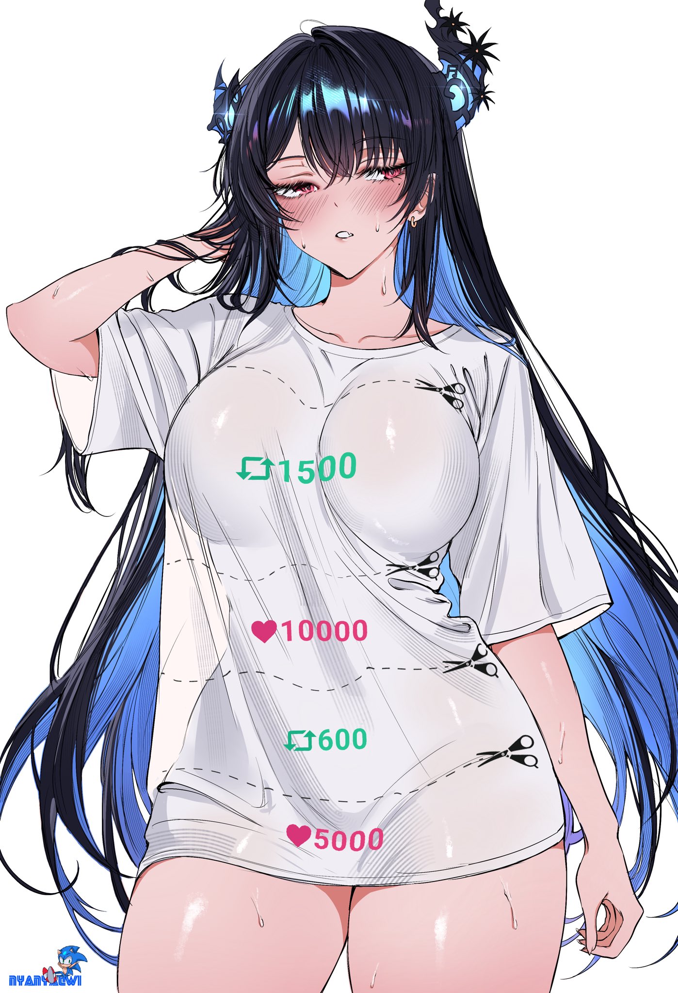 nyanyaqwi, nerissa ravencroft, hololive, hololive english, commentary, hashtag-only commentary, highres, symbol-only commentary, 1girl, alternate costume, asymmetrical horns, black hair, blue hair, blush, breasts, collarbone, colored inner hair, cowboy shot, cut-here line, demon horns, dotted line, earrings, half-closed eyes, hand in own hair, hand up, horns, jewelry, large breasts, like and retweet, looking to the side, mole, mole under eye, multicolored hair, oversized clothes, oversized shirt, parted lips, red eyes, shirt, simple background, solo, standing, sweat, twitter cutting game, twitter strip game, uneven horns, virtual youtuber, white background, white shirt